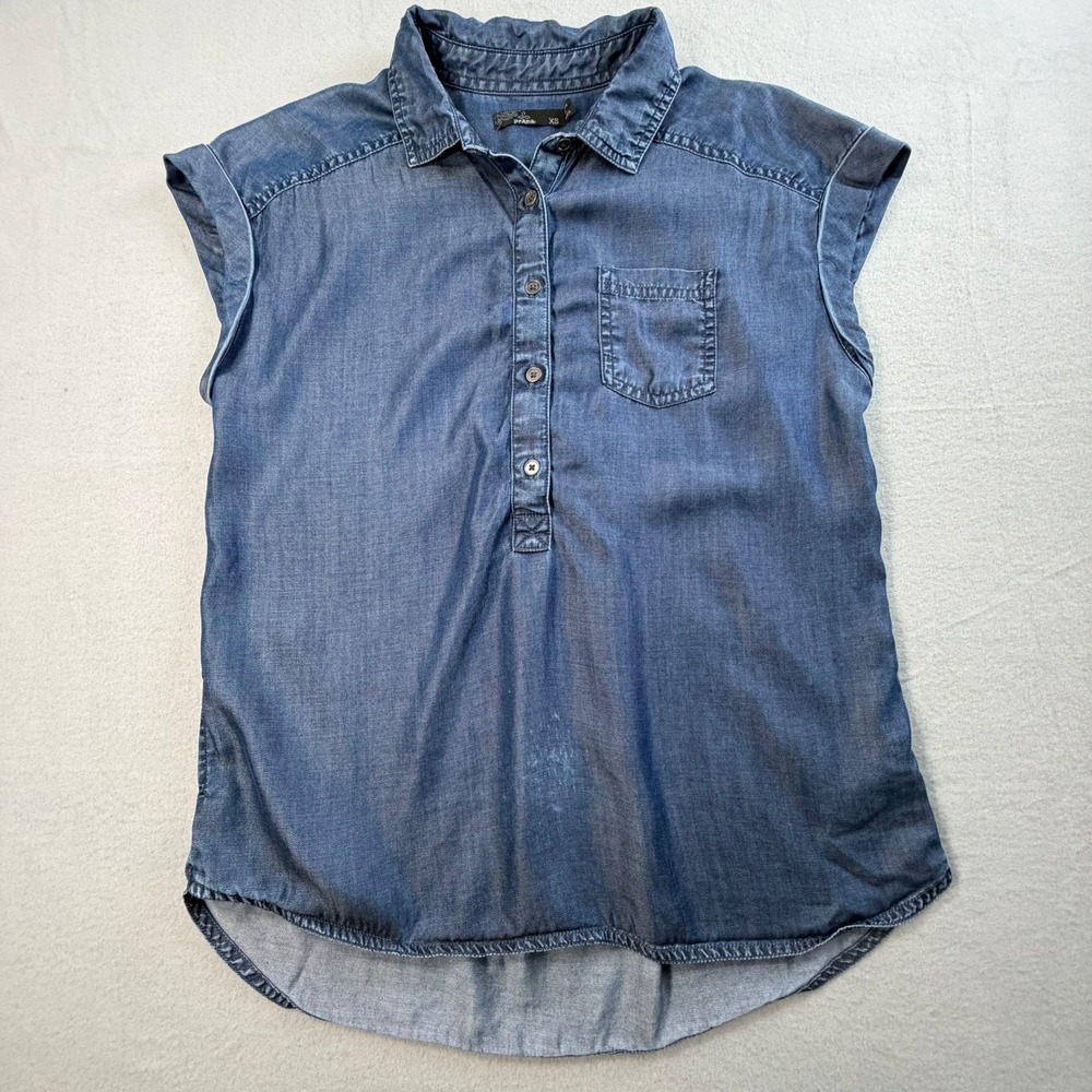 Prana Blue Chambray Button down Shirt XS Tencel Hiking Casual Minimalist - Picture 2 of 10